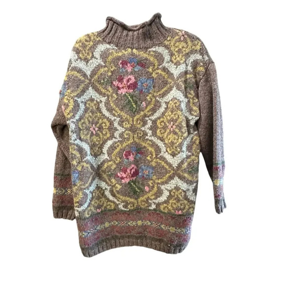 Vintage Express Tricot Wool Blend chunky knit floral brown Sweater Size XS - Picture 2 of 7